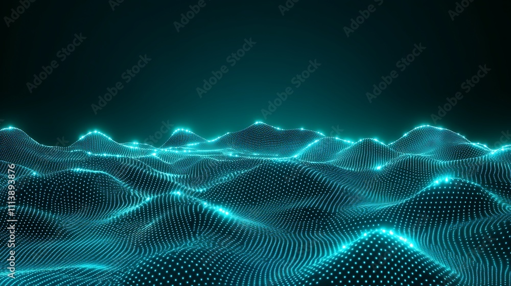 Poster abstract digital landscape with glowing waves and dots on a dark background in futuristic design
