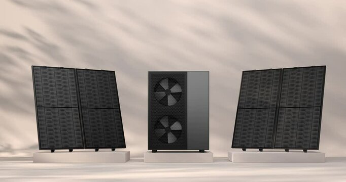 heat pump, solar and windmill energy as alternative energy - 3D Animation 4k 60 fps DCI seamless loop 