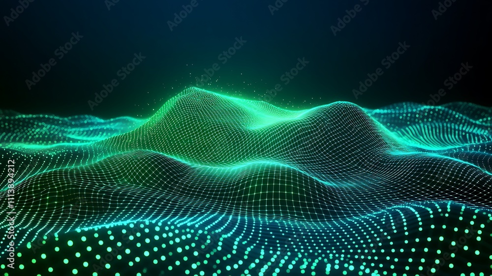 Poster abstract digital landscape with green dots and wavy patterns in a futuristic design style