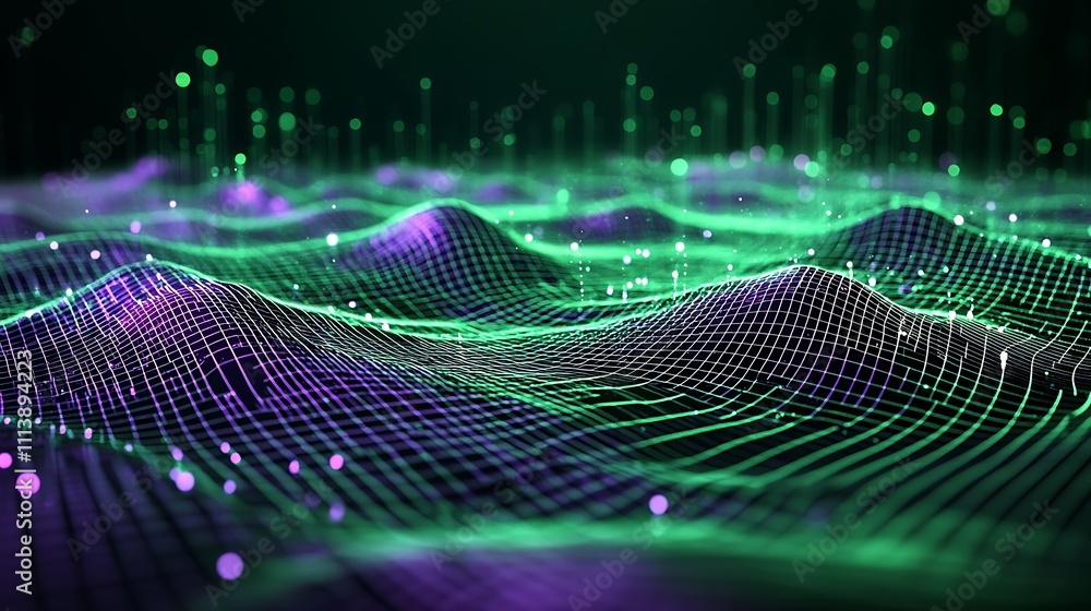 Poster abstract digital landscape with green and purple wave patterns and light particles in a futuristic s