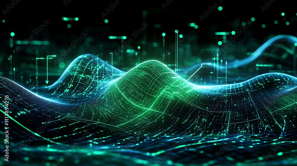 Poster abstract digital landscape with green lines and data points representing technology and data visuali
