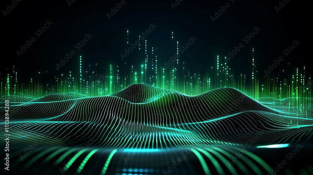 Poster abstract digital landscape with green light waves and sparkling particles in a dark environment