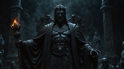 Naklejka premium Statue of Hades, holding a scepter of the underworld, dressed in a black robe, set against the dark underworld and souls of the dead, with fate and death symbols carved on the base.