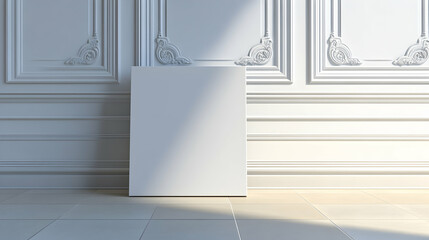 Blank canvas mockup against elegant white wall with ornate molding, perfect for art, design, or presentation showcasing.