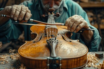 a master makes a violin in a violin workshop