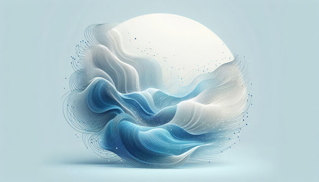 Abstract art of flowing water lines, symbolizing ablution and purification, in soft blue and white tones against a clean, minimalist background.