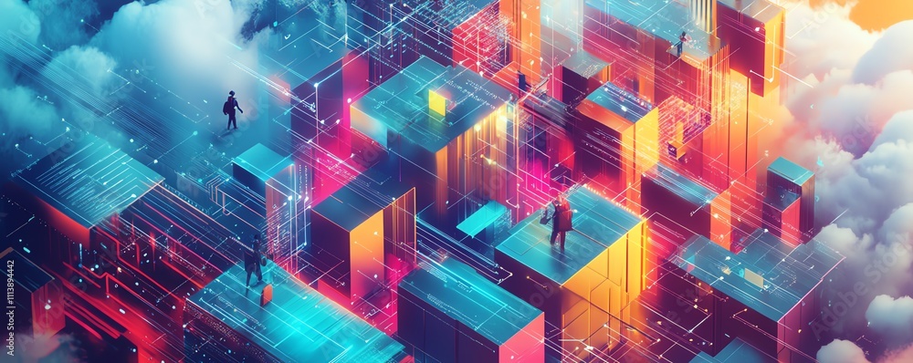 Aufkleber Digital illustration of cloud computing with API management concepts, showcasing seamless data flow, analytics, and network connectivity in a modern, techdriven environment