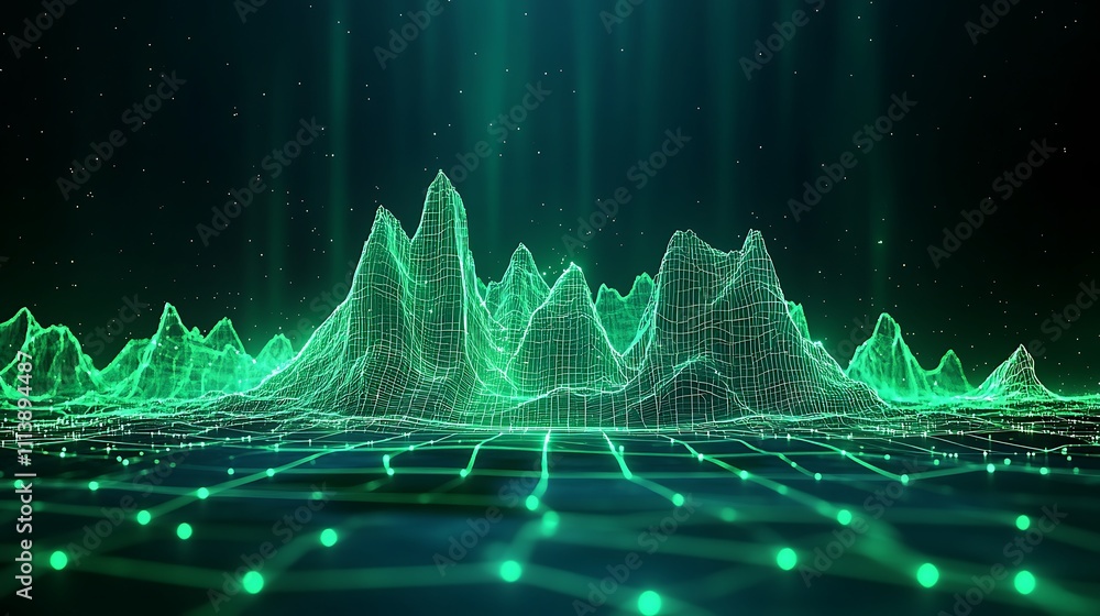Aufkleber abstract digital landscape with green wireframe mountains and glowing dots representing data visuali