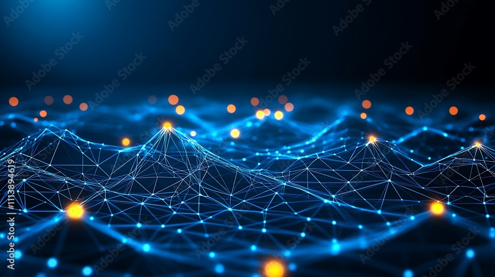 Aufkleber abstract digital landscape with luminous nodes and interconnected lines in a dark blue background
