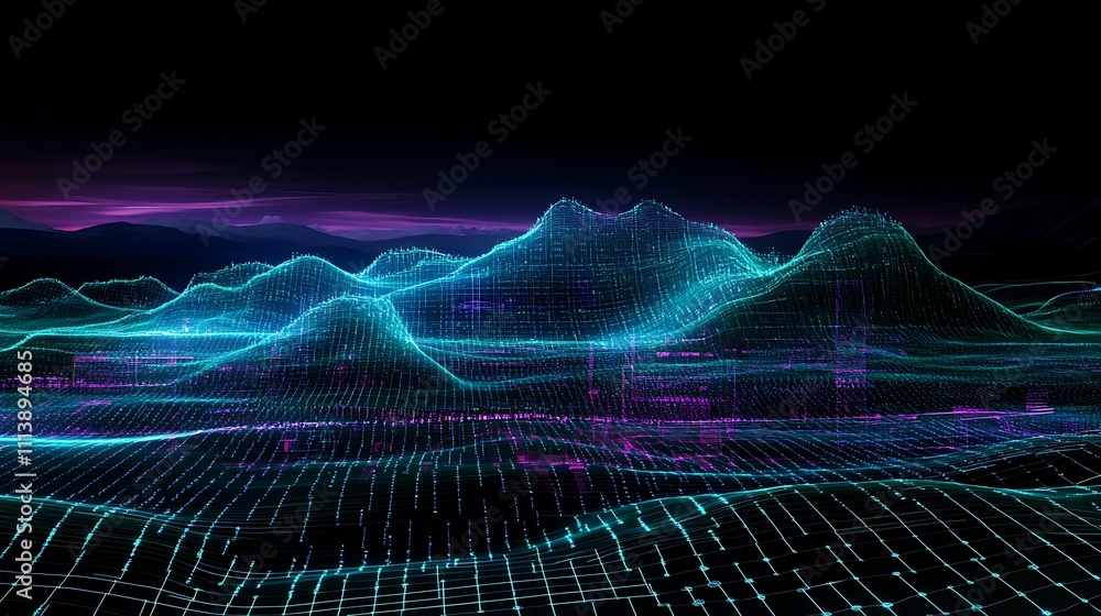Poster abstract digital landscape with neon colorful waves and grid design in futuristic environment