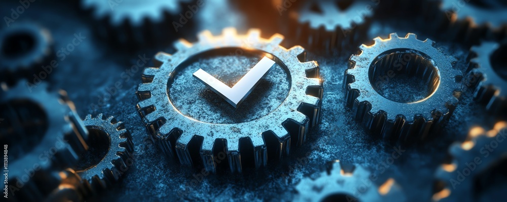 Poster gears and a checkmark in a conceptual design