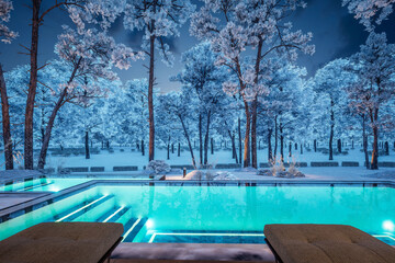 3d rendering of modern two story house with gray and wood accents, large windows, parking space in the right side of the building. Christmas garlands at New Year holidays