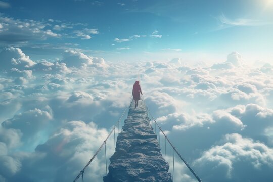 A figure of a man walking on a narrow bridge suspended high above the clouds, demonstrating determination and overcoming the fear of heights.