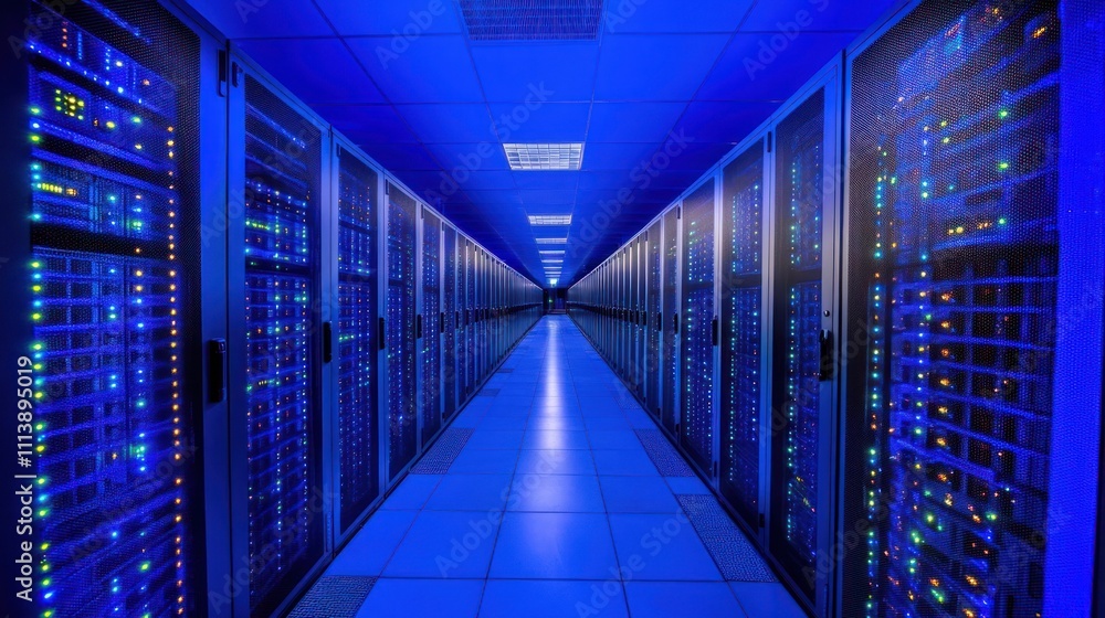 Poster illuminated server racks line a modern data center corridor