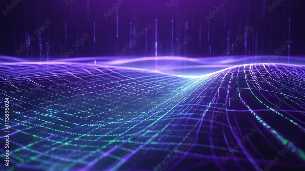Poster Abstract Digital Landscape with Neon Lines and Waves in Futuristic Data Visualization Style