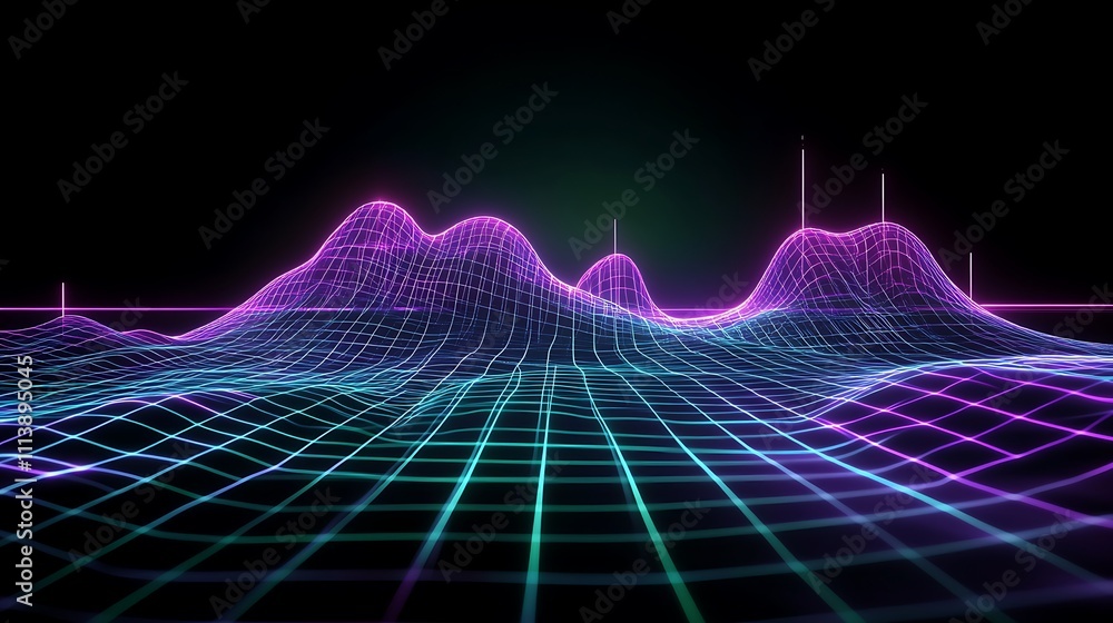 Poster abstract digital landscape with neon lines and waves on dark background for technology and design pr