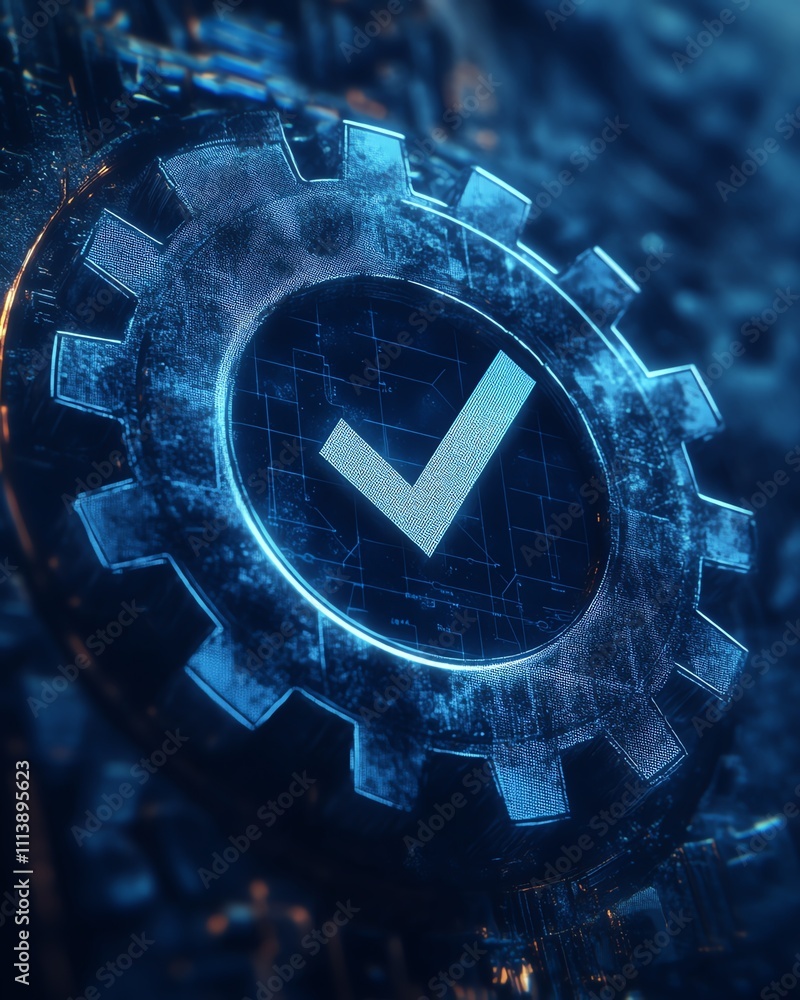 Aufkleber a conceptual design featuring gears and a checkmark