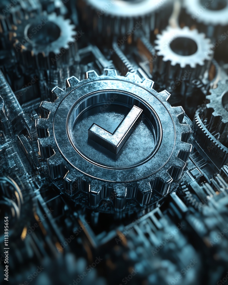 Poster a conceptual design featuring gears and a checkmark