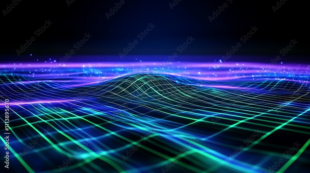 Poster abstract digital landscape with vibrant neon waves and grid patterns creating a futuristic 3d effect