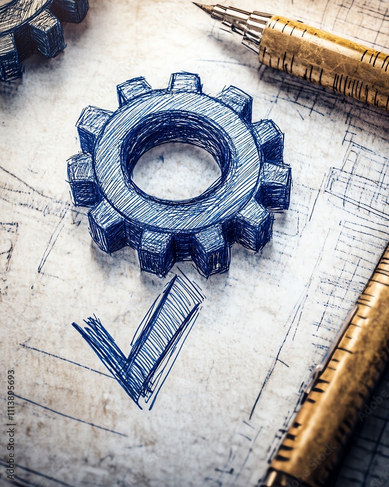 Poster A conceptual design featuring gears and a checkmark
