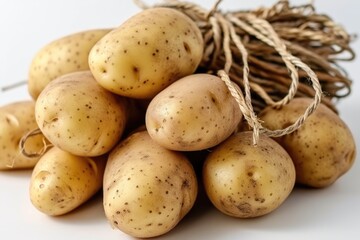 Close up of potatoes on white background.