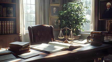Classic Law Office Desk, Books, Scales, Sunlight