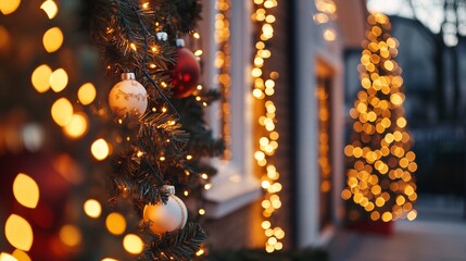 Christmas lights and ornaments decorating an outdoor tree