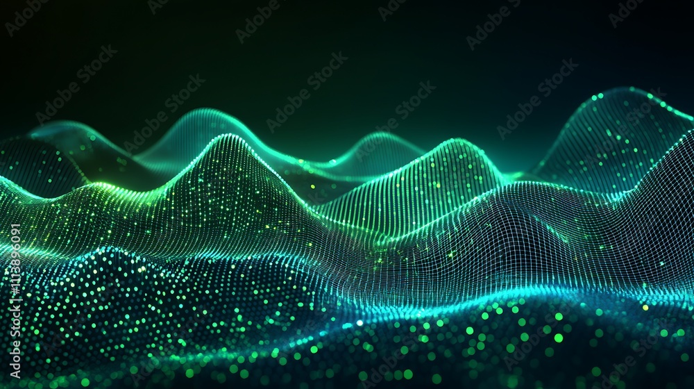 Poster abstract digital landscape with waves and particles in green and blue light for technology and desig