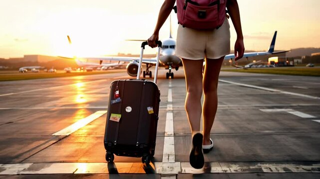 Woman walking to the airplane with suitcase baggage - Boarding, traveling people and airport concept - Models by AI generative 