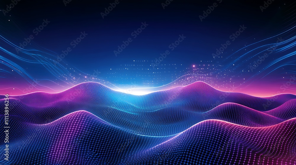 Poster abstract digital landscape with waves of color gradients and light in a futuristic style