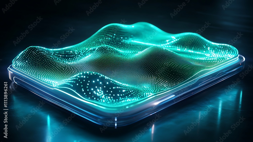 Poster abstract digital landscape with waves of light and colorful particles shimmering on a sleek surface