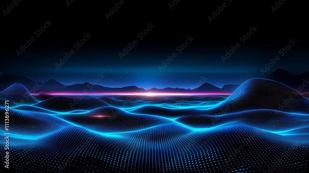 Poster abstract digital landscape with waves of light and colorful gradients in a futuristic setting