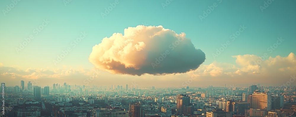 Poster a digital cloud floating over a cityscape