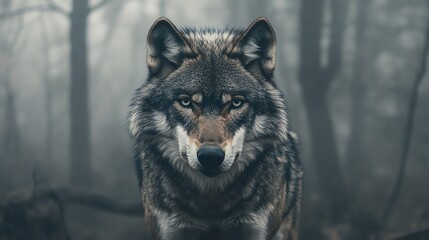 Obraz premium A wolf stares intently at the camera in a misty forest.