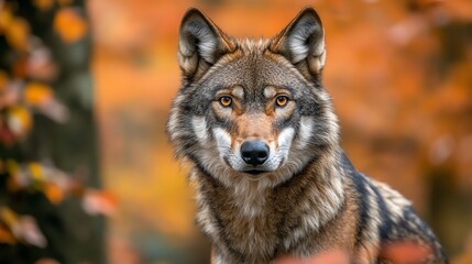 Fototapeta premium A wolf with piercing eyes and a focused gaze, staring intently at the camera.