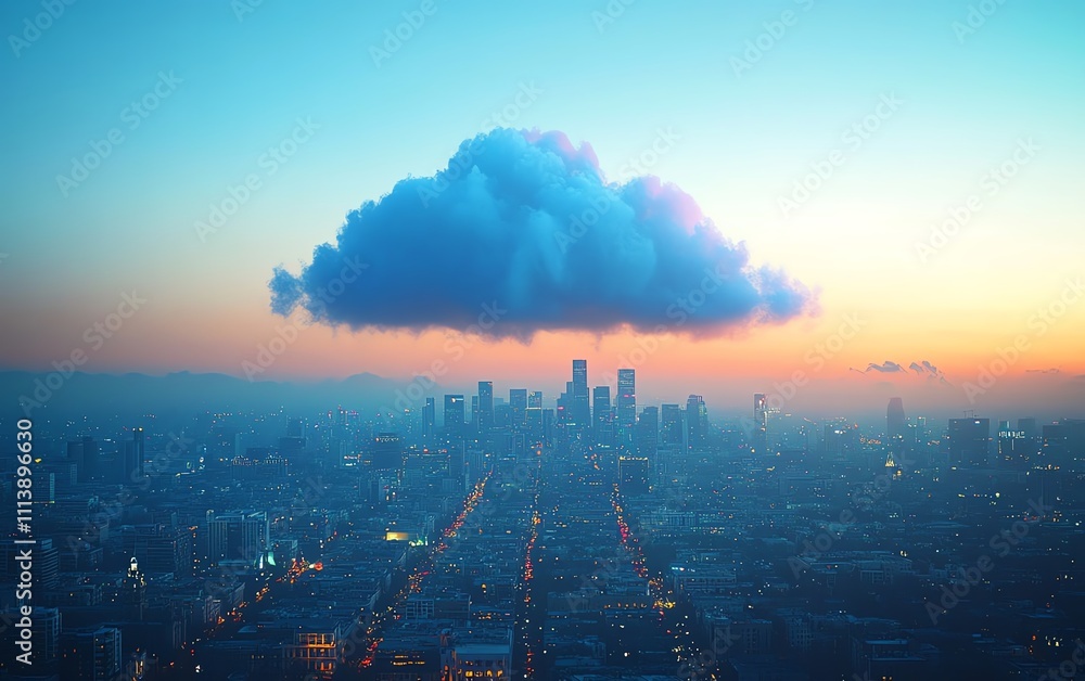 Aufkleber A digital cloud hovering over a vibrant cityscape, symbolizing cloud computing, data storage, and advanced technology infrastructure in an interconnected, techpowered urban setting