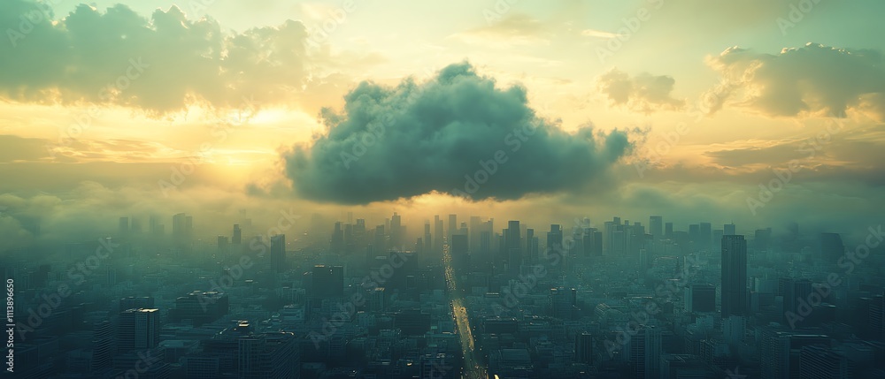 Poster A digital cloud representing cloud computing over a cityscape, showcasing the integration of technology, data storage, and modern infrastructure in a futuristic urban environment