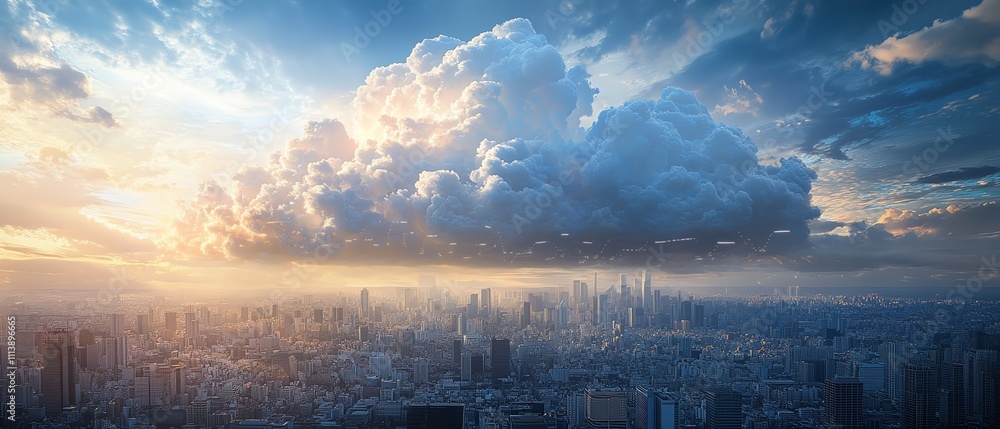 Poster A digital cloud representing cloud computing over a cityscape, showcasing the integration of technology, data storage, and modern infrastructure in a futuristic urban environment