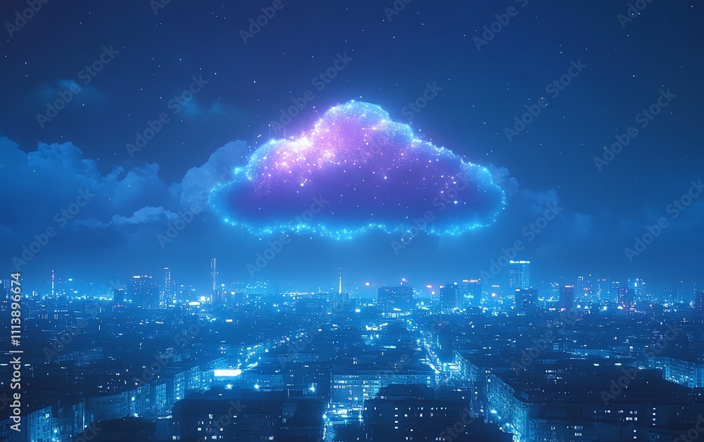 Poster A digital cloud hovering over a vibrant cityscape, symbolizing cloud computing, data storage, and advanced technology infrastructure in an interconnected, techpowered urban setting