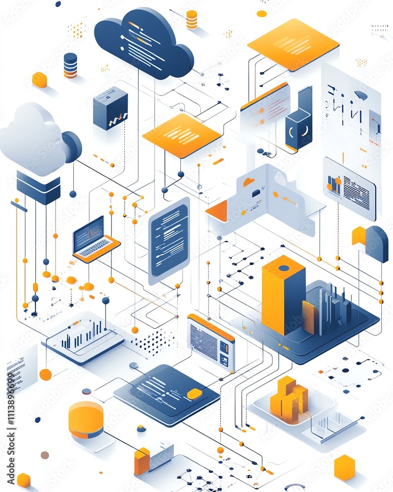 Poster A digital illustration of cloud computing with API management