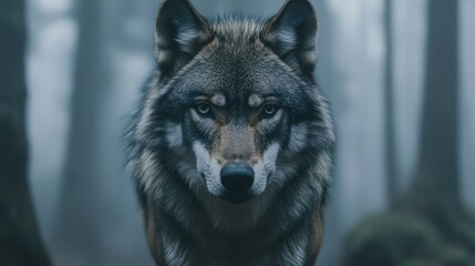 Obraz premium A wolf stares intently at the camera in a misty forest.