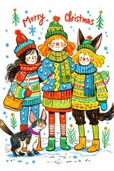 Fototapeta premium Colorful illustration of children in winter clothes with a cat, celebrating Christmas, festive and cheerful holiday design, ideal for greeting cards and seasonal decorations