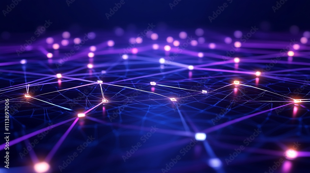 Aufkleber abstract digital network background with glowing dots and interconnected lines in purple and blue hu