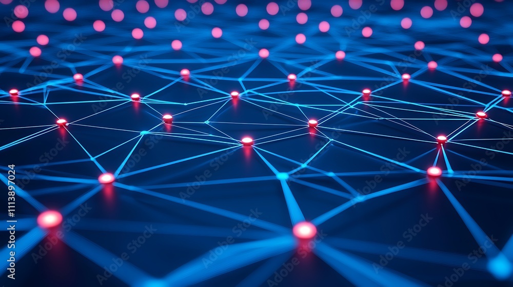 Poster abstract digital network background with glowing nodes and connections in blue and red colors