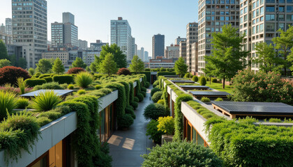 Fototapeta premium Urban oasis showcases nature's beauty amidst towering skyscrapers in a vibrant cityscape, highlighting sustainable architecture and green living