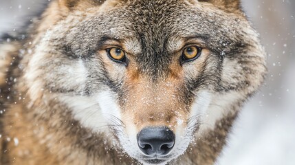 Fototapeta premium A wolf stares intensely at the camera in a snowy environment.