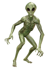 3D Rendering Green Alien on White