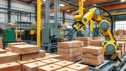 Automated Bricklaying: A yellow robotic arm meticulously stacks clay bricks in a modern factory setting. The image showcases advanced automation in the construction industry. 
