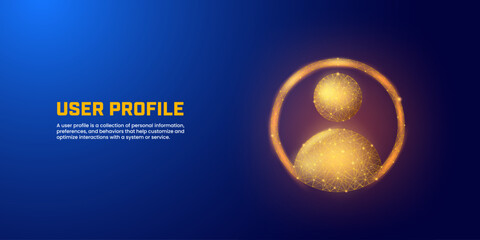 Digital user sign with low poly style in dark blue background, suitable for illustrations of homepages, landing pages, presentation backgrounds, user profiles, team connections, and business networks.