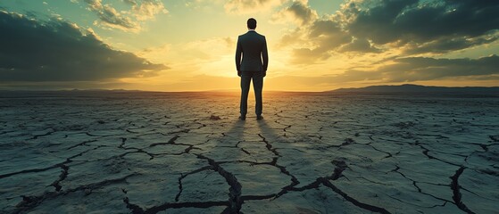 A lone businessman standing on cracked, dry land, symbolizing business stagnation, lack of growth, and the absence of potential in a desolate, barren landscape